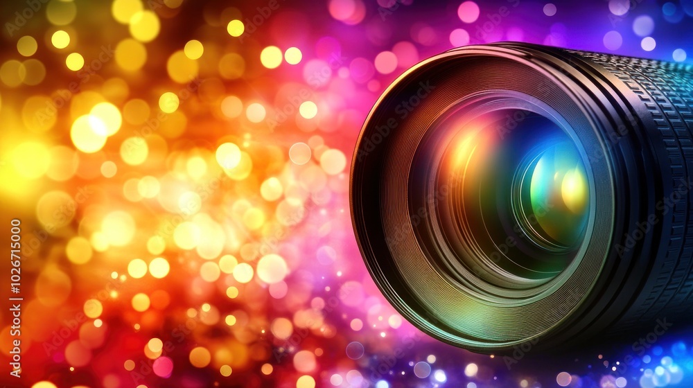 Poster Camera Lens with Colorful Bokeh Background