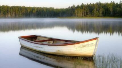 A Rowboat Moored in a Misty Forest Lake at Dawn