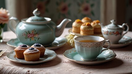 Charming Vintage Tea Set Display set, still life, lace tablecloth, china, pastries, pastel colors, nostalgia, warmth, tradition.