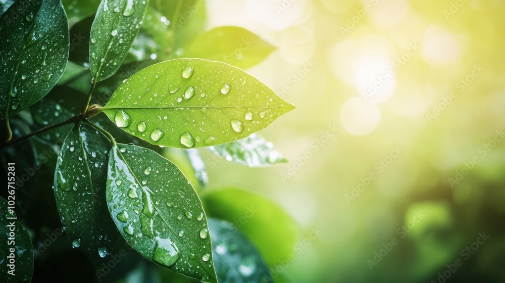 Sticker Green leaves adorned with droplets of water showcase freshness and vitality in a peaceful natural environment illuminated by sunlight. Generative AI