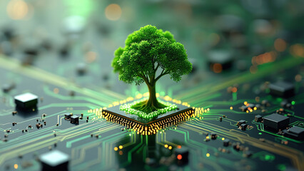 Green Tree Growing from Microchip on Circuit Board