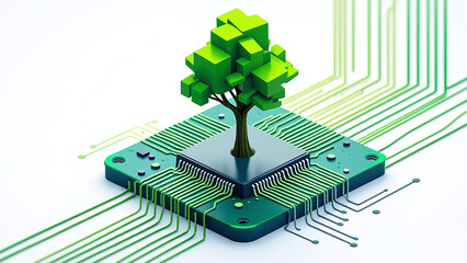 Green Tree Growing from Microchip on Circuit Board