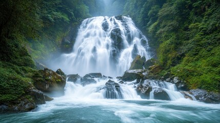 Fototapeta premium A cascading waterfall plunges down a rocky cliff face, surrounded by lush green foliage. The water flows over the rocks in a smooth, continuous motion, creating a sense of tranquility and awe.