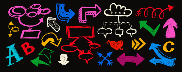 Hand drawn arrow vector icons set. Sketch arrow design for business plan and education. Set of arrows black icons. Circle arrows, rotate arrow, redo process symbol.