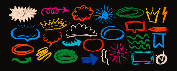 Obraz premium Set of hand drawn pencil colorful speech bubbles, arrow, crown, highlight text elements. Charcoal doodle check mark, pencil stroke, line, arrows icon.