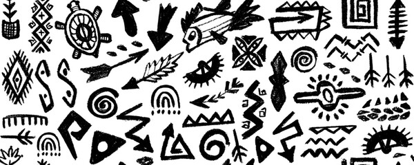 Vector seamless  pattern with african, aztec pattern  elements, symbols, icons, hand-drawn in doodle style. Seamless pattern abstract african tribal geometric shapes, ancient ethnic traditional symbol