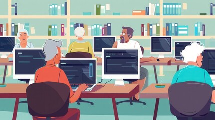 A group of seniors participates in computer classes, focusing on using laptops and desktops to improve their technology proficiency. Generative AI