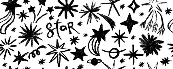 Seamless pattern design with doodle stars and comets. Hand drawn charcoal doodle magic stars. Childish style of meteoroid, comet and asteroid.