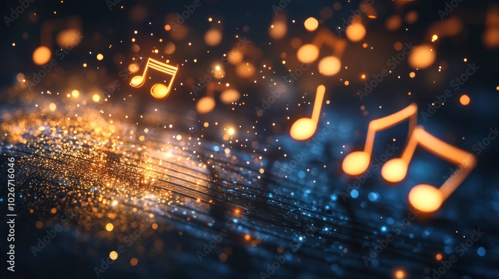 Poster golden music notes floating on a dark background with sparkling lights.
