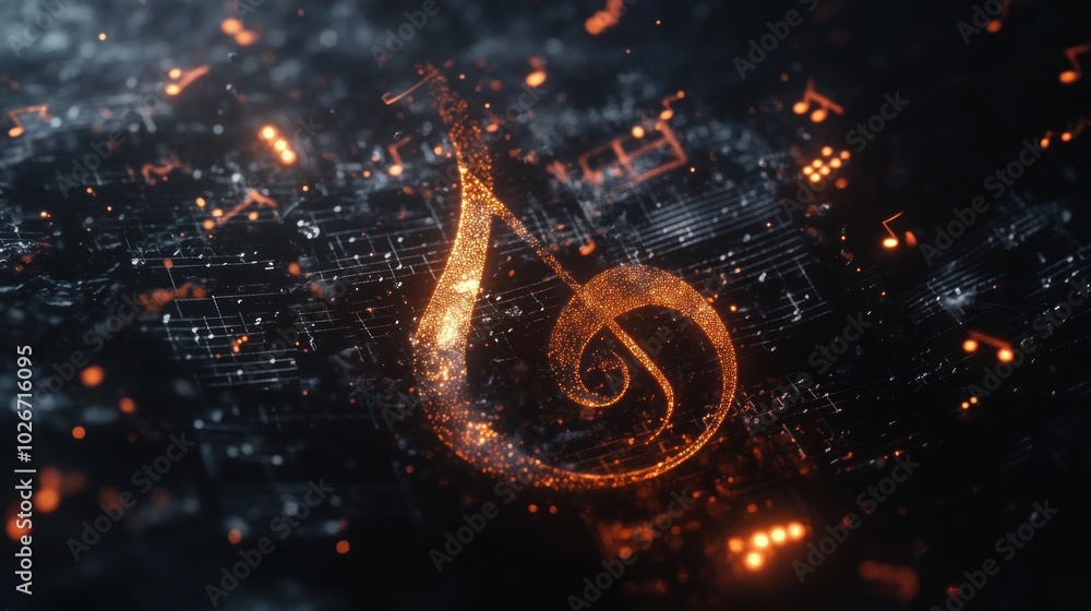 Poster a glowing treble clef formed from particles on a dark background with musical notes scattered around
