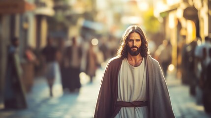 Jesus Christ walking in the city street