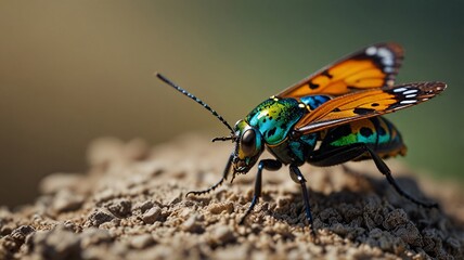 detailed macro shot of a colorful insect, such as a butterfly or beetle, against a plain backdrop to highlight its features.