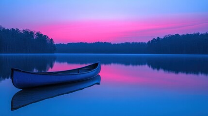 Fototapeta premium A Solo Canoe Awaits Dawn on a Calm Lake