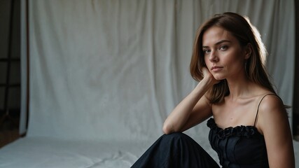 Obraz premium Thoughtful Woman in Black Dress Sitting Indoors, Posing for a Minimalist Portrait with Natural Light