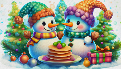 oil painting style CARTOON CHARACTER illustration  CUTE baby snowmen bake pancakes isolated on white background, top view.