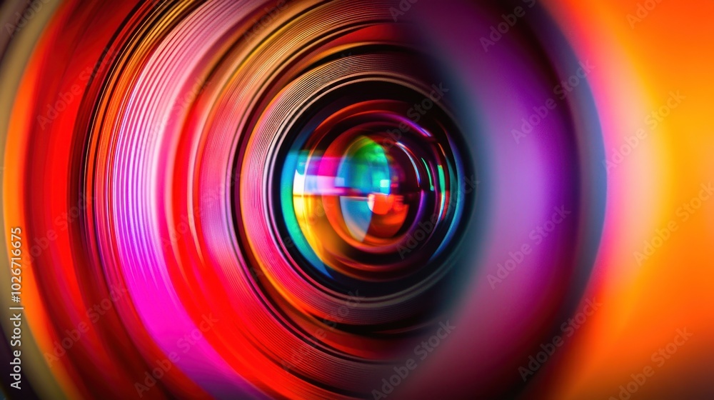 Poster close-up of a colorful camera lens with circular rainbow reflections