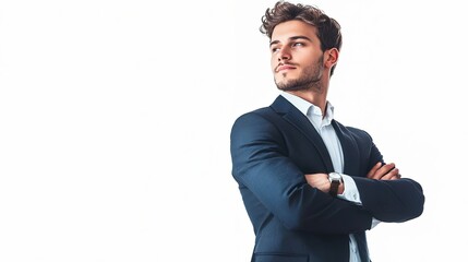 Young businessman with a confident stance, dressed in a modern suit, exuding charm and professionalism while looking thoughtfully to the side against a pure white background
