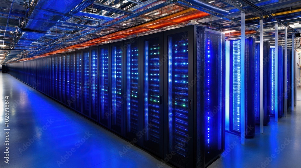 Poster server racks with blue lights in a data center