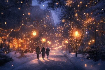 Obraz premium Family walking down snow covered street with christmas lights at night