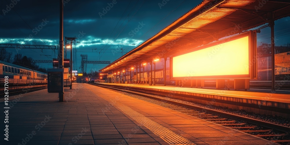 Poster empty train station with illuminated billboard at twilight