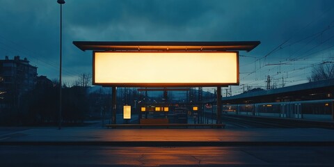 Empty billboard glowing at dusk in train station