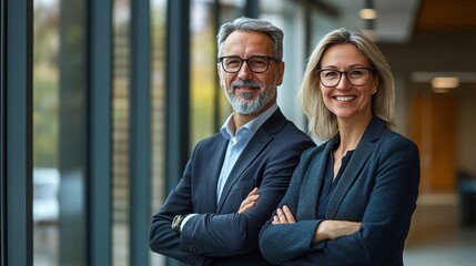 Two confident executive managers, a mature business man and woman in their 50s, standing with arms crossed, smiling at the camera in a modern office environment with glass windows in the background