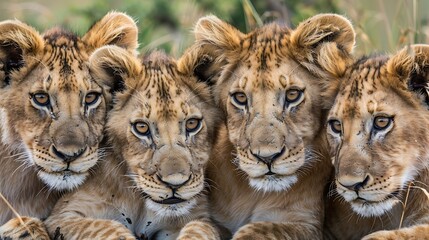 A group of young lions in the wild are staring at the lens