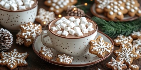 Fototapeta premium Christmas hot chocolate with marshmallows and gingerbread cookies on wooden table