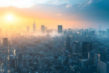 Obraz premium Aerial view of modern city skyline at sunset with silhouetted skyscrapers and vibrant sky