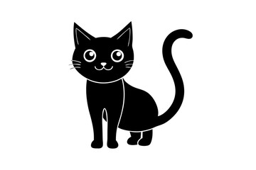 Minimal black cartoon cat illustration, stylized simple open lazy cat black silhouette vector