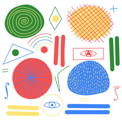 Set of vector multicolor abstract elements with ornament. Geometric figures circle, triangle, parallelogram and mathematical signs. Suitable for design, decor.