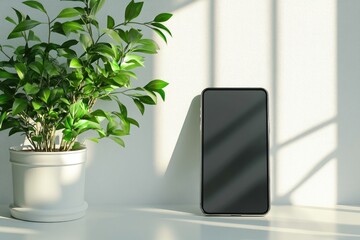 Smartphone standing on white table with plant casting shadows from window light