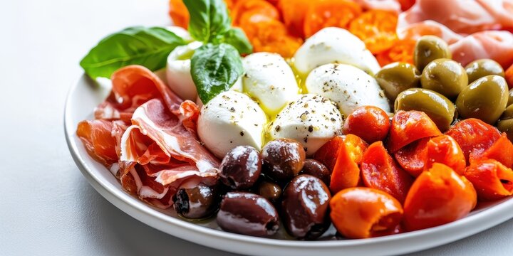 a plate of food with olives, tomatoes, olives, and mozza