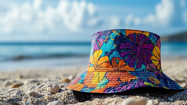 colorful bucket hat by the sea