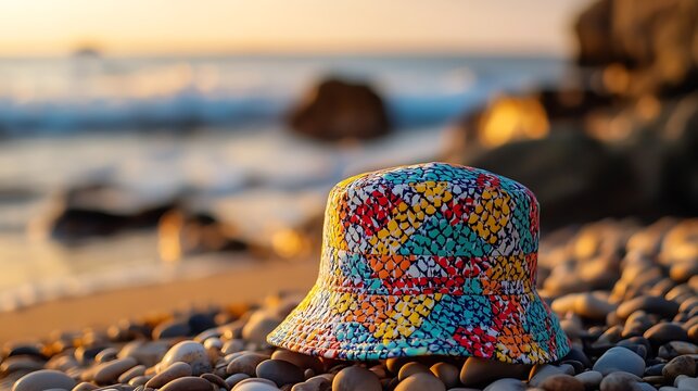 colorful bucket hat by the sea