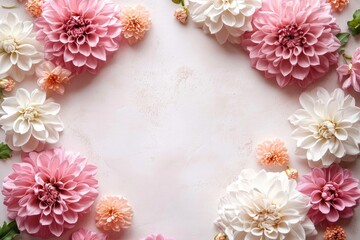 Pink and white dahlias forming a frame on a pink background © Lubos Chlubny