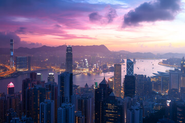Fototapeta premium Panoramic city skyline at dusk with skyscrapers and sunset over bustling harbor
