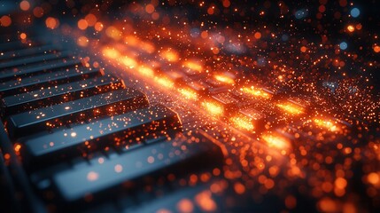Close-up view of a musical keyboard, enhanced by luminous orange and gold particles creating a dynamic and artistic effect in an immersive space.
