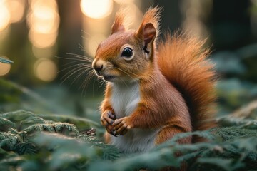 Obraz premium Cute red squirrel posing on fern in a forest