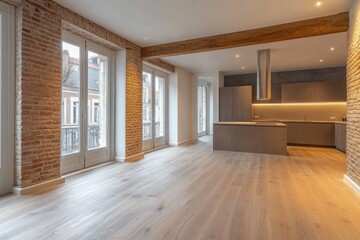 Obraz premium Modern open space apartment with kitchenette and large windows offering city view