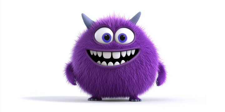 Cute purple furry fluffy monster 3D cartoon character smiling with large purple eyes, horns, and white teeth