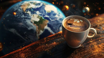 A hot cup of coffee with a foamy top is placed close to a world of the earth on a wooden surface