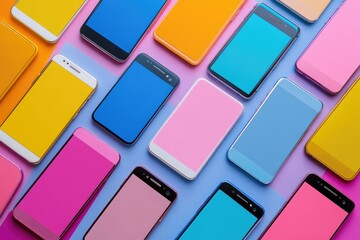 Many colorful smartphones lying on colorful background with blank screen
