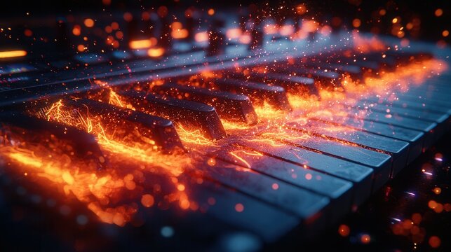 The image showcases a close-up view of a piano keyboard surrounded by glowing flames and sparkling particles, creating a dynamic visual effect.