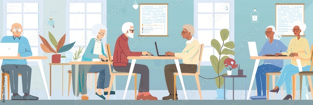 Poster a group of senior citizens is actively participating in computer courses, enhancing their digital sk