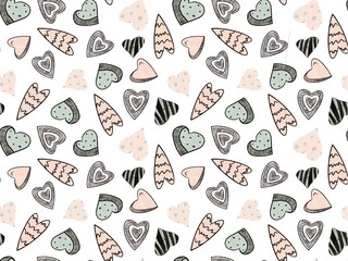 Different heart's shapes seamless pattern in sketching style. Happy Valentines Day background, wrapping, textile, fabric