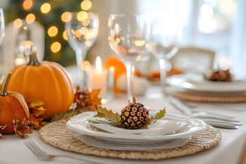 Naklejka premium Beautiful Thanksgiving Table Setting with Pumpkins and Candles for a Festive Celebration
