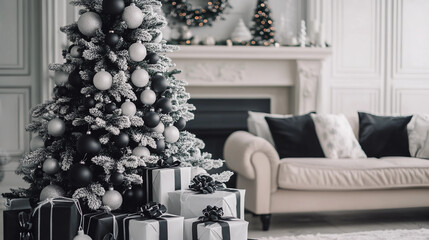 Black and white themed Christmas tree with matching gifts