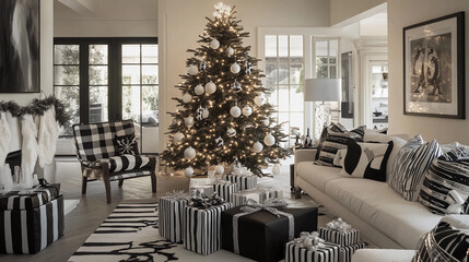 Black and white themed Christmas tree with matching gifts