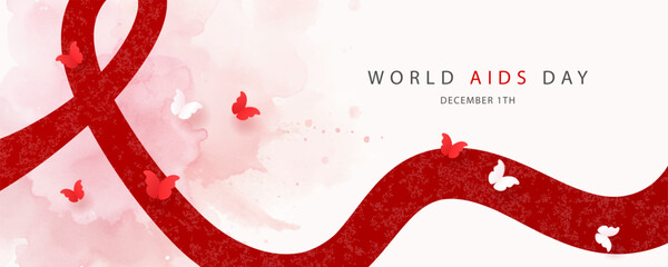 Banner dedicated to World AIDS Day on December 1. Red ribbon and paper butterflies on watercolor background. Vector illustration. Health concept. Stop HIV.